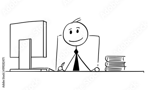 Cartoon stick man drawing conceptual illustration of smiling businessman working in office.