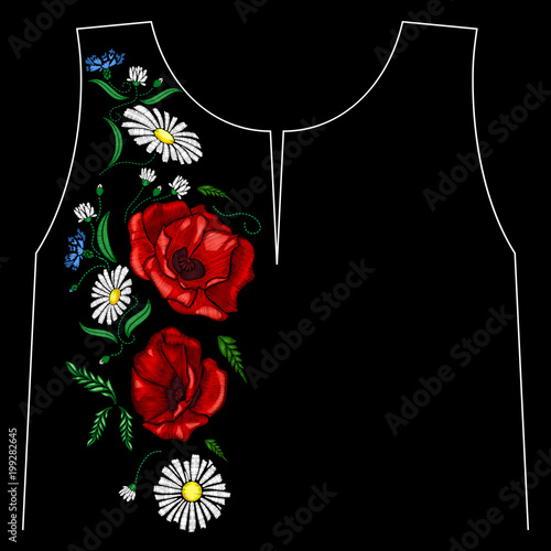 Embroidery poppies flowers. Patch for women's, girls' T-shirts. Vector illustration. EPS10