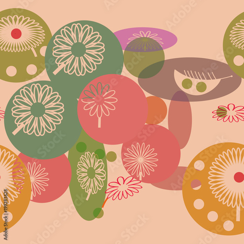 Horizontal seamless pattern of transparent floral motif, flowers, leaves, doodles, copy space.