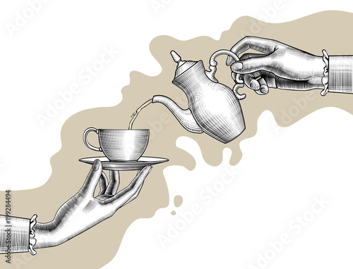 Woman's hands with a coffee pot and cup
