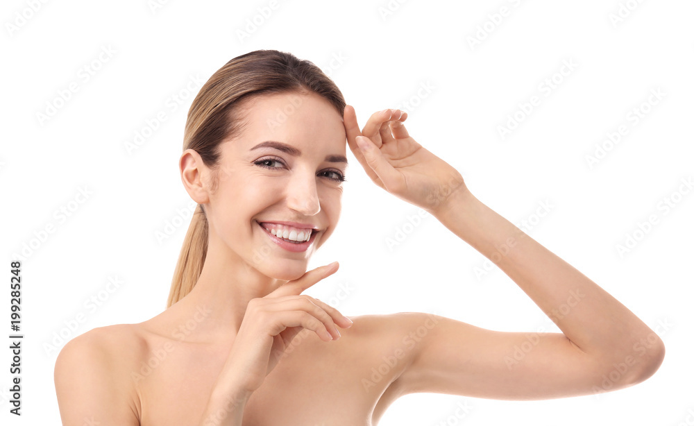 Beautiful young woman with silky skin on white background Beautiful young woman with silky skin on white background