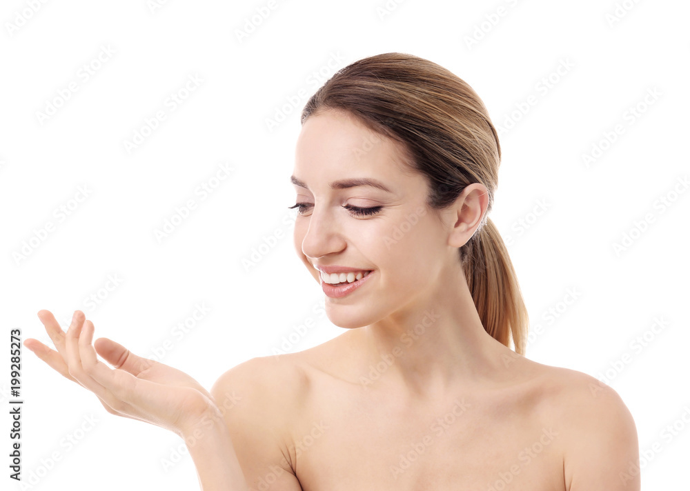 Beautiful young woman with silky skin on white background Beautiful young woman with silky skin on white background