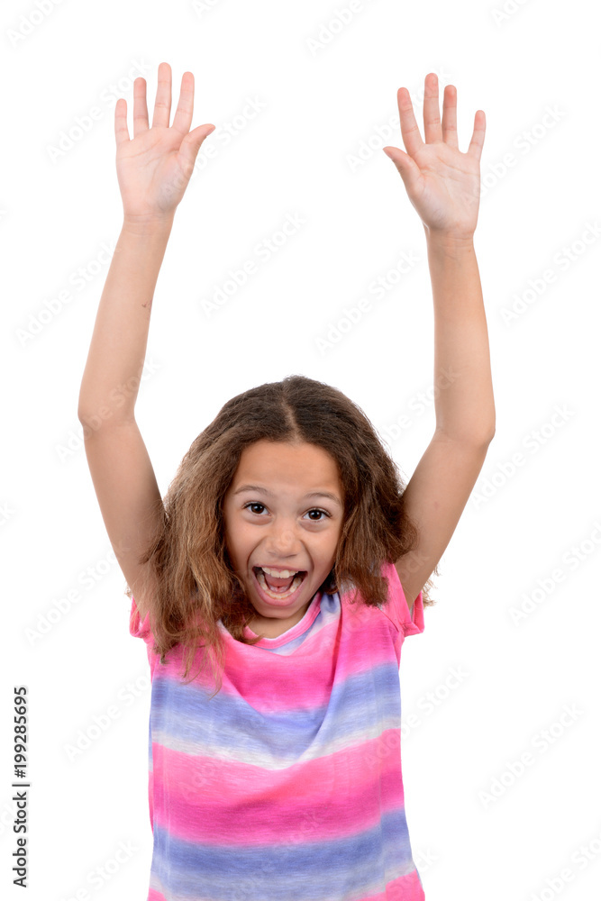 young girl with hands above head and smiling isolated white background young girl with hands above head and smiling isolated white background