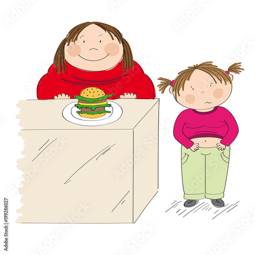 Diabetes awareness. Stop obesity. Fat mother looking forward to eat hamburger. Her daughter, little girl is standing next to her, holding her belly, looking sick.
