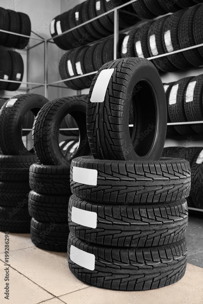 Car tires in automobile service center Car tires in automobile service center