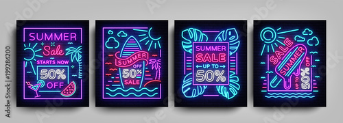 Summer sale collection posters in neon style. Set neon signs Summer sales, Design template Summer discounts, light banner, brochure, Night bright advertising sale and discount. Vector illustration