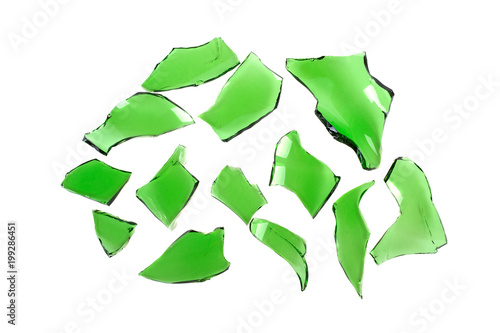 broken glass, broken green bottle on a white background