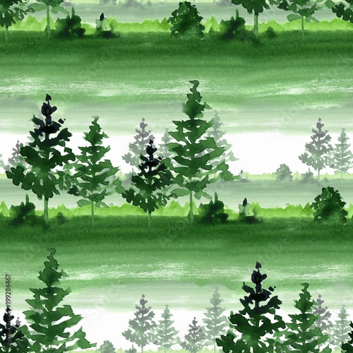 Obraz na płótnie Bezszwowy pattermn z zielonym lasem. Akwarela krajobraz