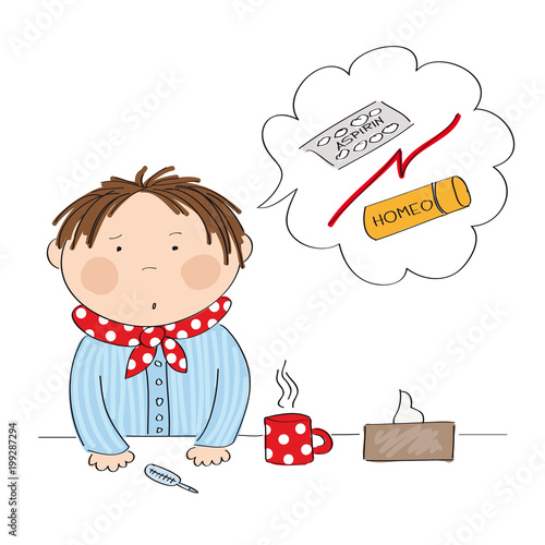 Young ill man or a boy with flu deciding wheter to use classical chemical allopathic remedies or alternative homeopathic medicines. Original hand drawn illustration.