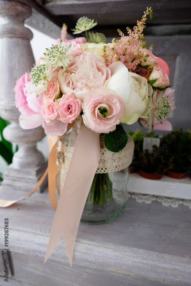 Beautiful wedding bouquet. Pink and white roses flowers bouquet for wedding event. Beautiful wedding bouquet. Pink and white roses flowers bouquet for wedding event.