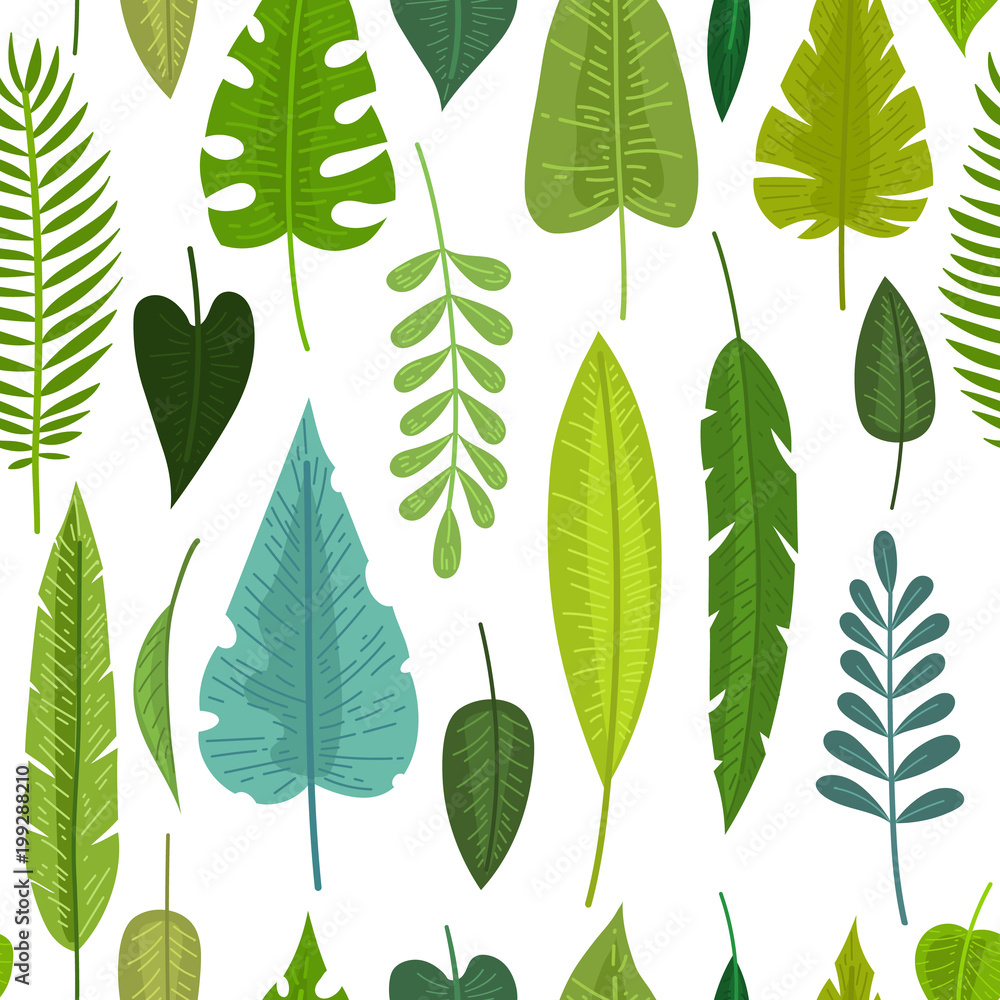 Fototapeta premium Seamless pattern with tropical flowers and leaves doodle style, design for postcard and invitation. Vector