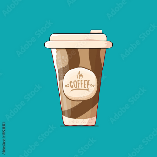 Coffee cup isolated on turquoise background . vector coffee paper color cup with hot coffee and color label