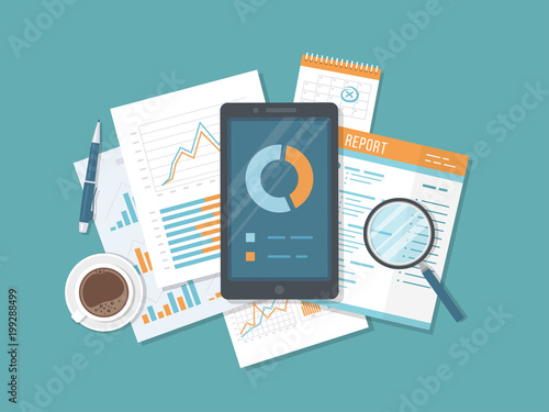 Mobile auditing, data analysis, statistics, research. Phone with information on the screen, documents, report, calendar, magnifier, coffee, pen. Growing Charts and Charts. Top view Vector illustration
