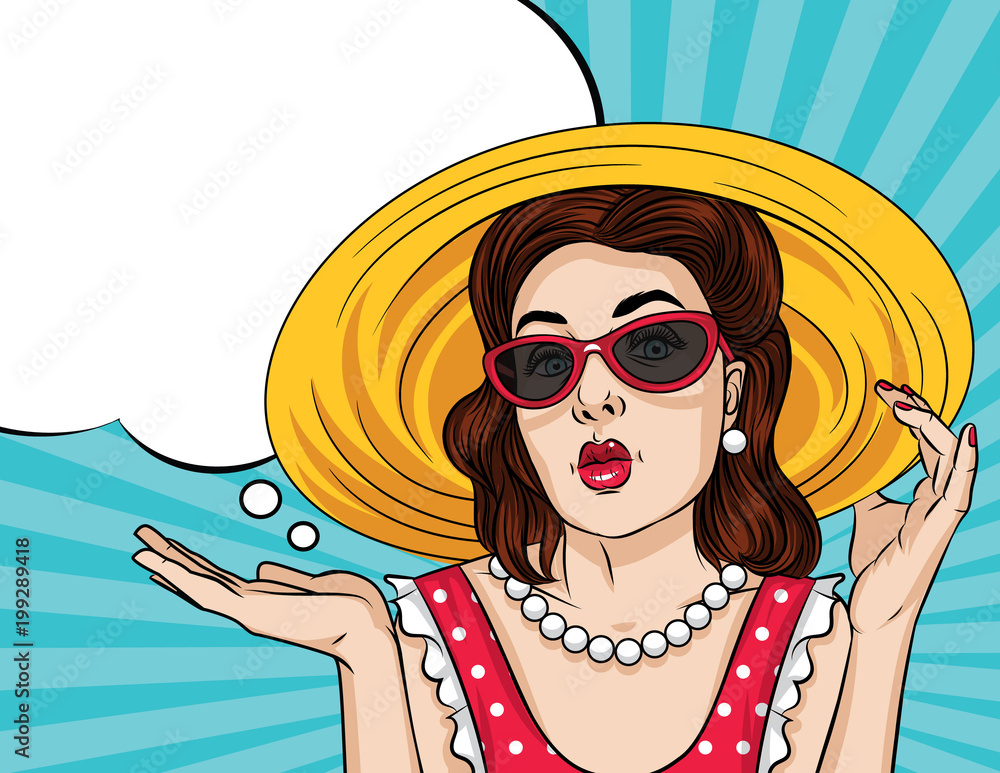 Vector retro illustration pop art comic style of a pretty woman in red dress wear sunglasses and a hat. Summer time poster of a girl showing something