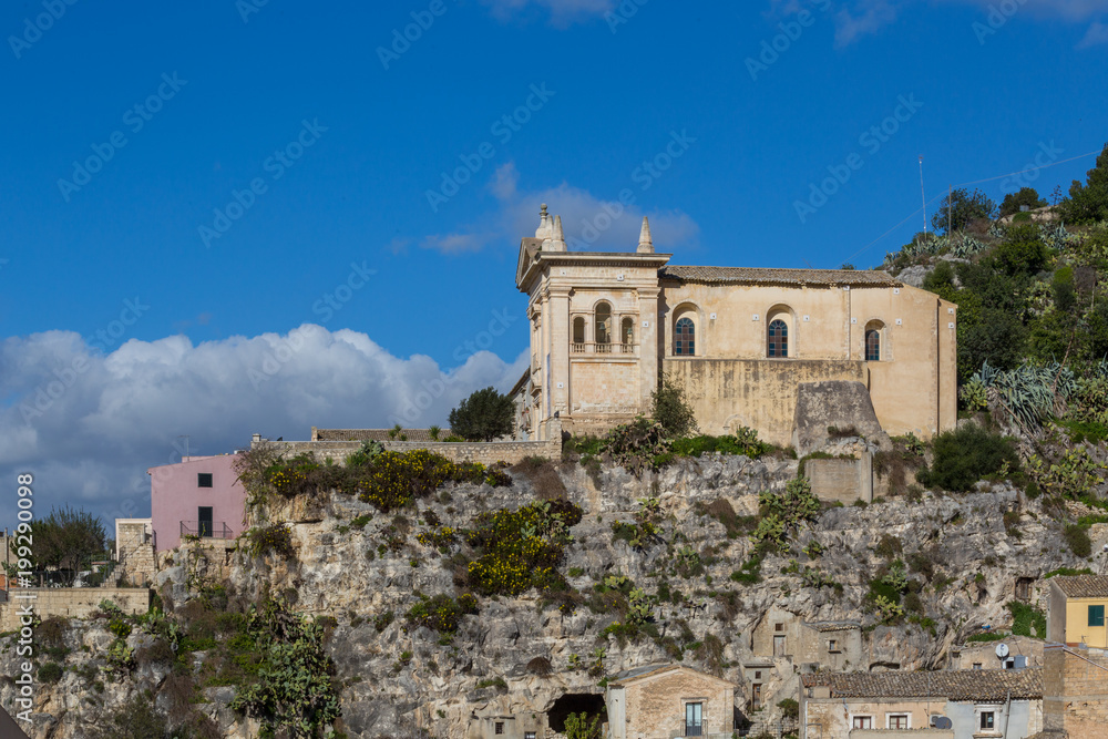 Side view of the Rock Church of the Rosary (Chiesa Rupestre del Rosario) and convent