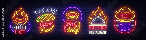 Set Fast Food Logos. Collection neon signs, Street Food Hot Grill, Tacos, Hot Dog, Burger cafe, Restaurant. Design elements for food, neon banner, bright neon advertising. Vector illustration