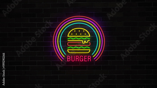 Neon Burger Sign turning on, glows and lights grunge on brick wall. Fast food and drinks sign.