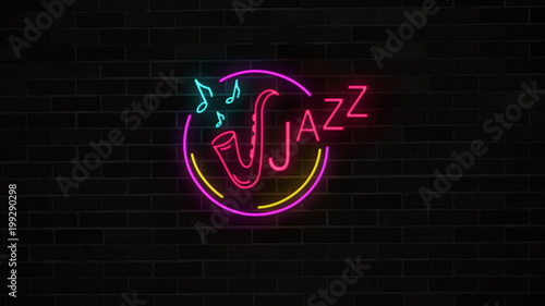 Neon jazz sign with saxophone and notesglows and lights on brick wall. Night music bar cafe for party. Retro electric luminous signboard.