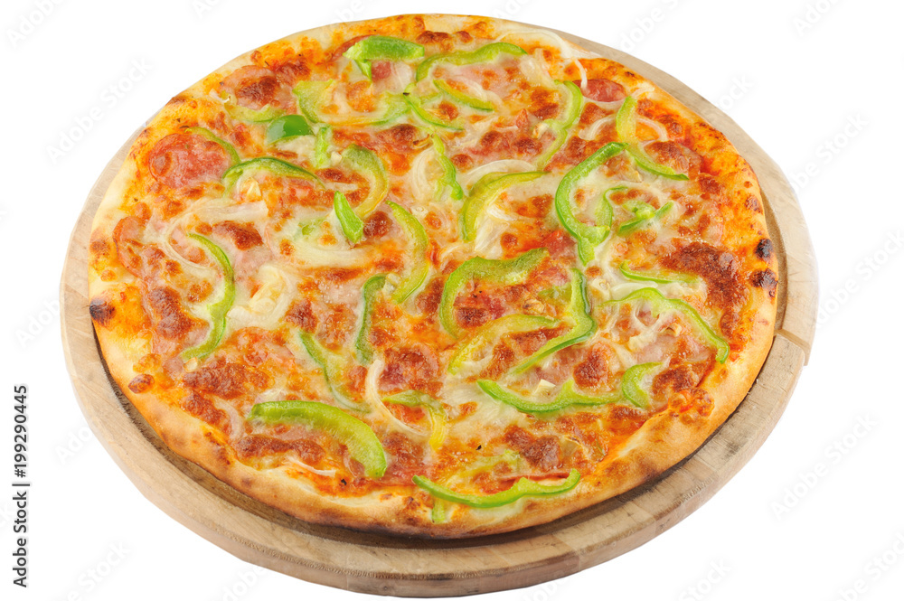 Big salami pizza. Delicious salami pizza on a wooden plate support isolated on the white background. Big salami pizza. Delicious salami pizza on a wooden plate support isolated on the white background.