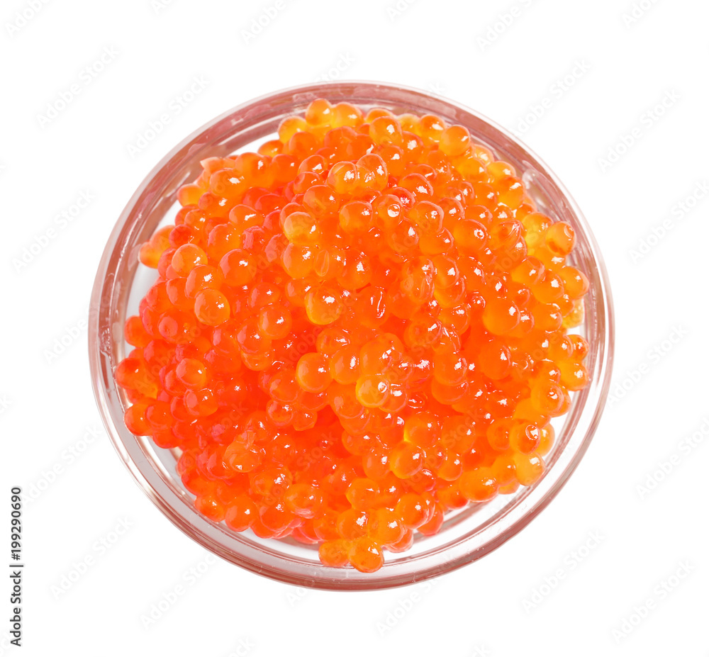 Bowl with delicious red caviar on white background Bowl with delicious red caviar on white background