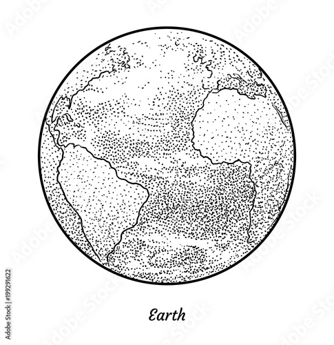 Planet Earth illustration, drawing, engraving, ink, line art, vector