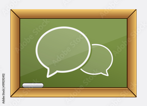 green chalkboard, teachers desk with bubble icon