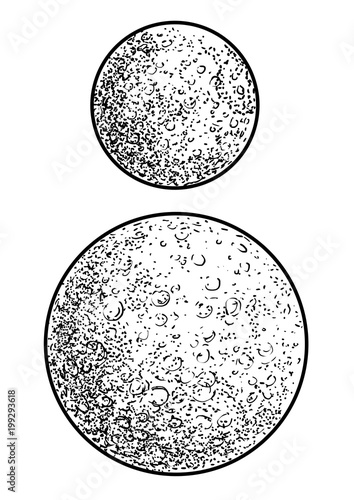 Small planet, moon illustration, drawing, engraving, ink, line art, vector