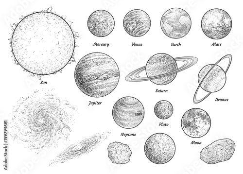 Solar system illustration, drawing, engraving, ink, line art, vector