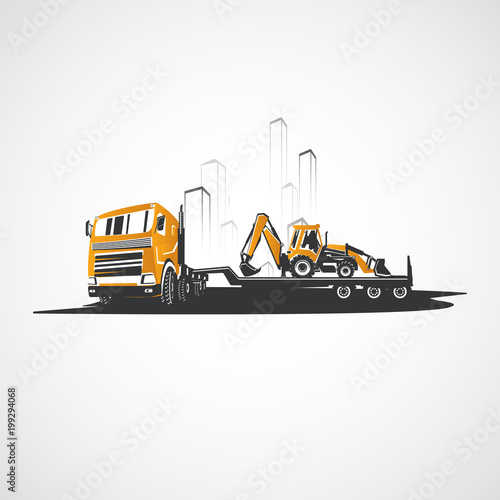Truck tractor and excavator, on the background of buildings.