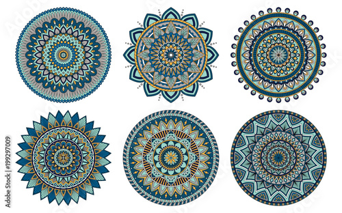 Set of 6 mandalas painted in the same palette, vector illustration