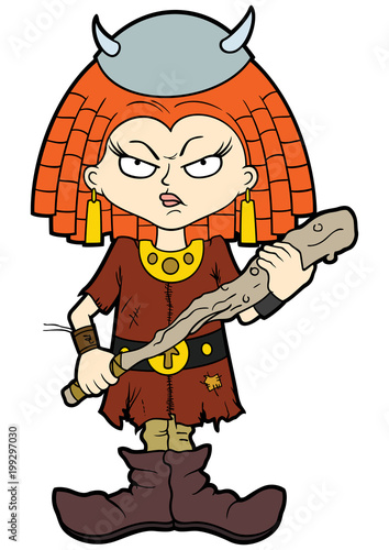 Severe viking kid girl/ Illustration cartoon small viking girl in horned helmet with a club 
