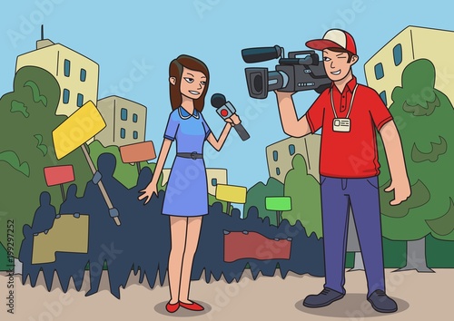 Journalists are reporting from a street protest. Reporter and cameraman in front of the crowd. Breaking news. Vector illustration.