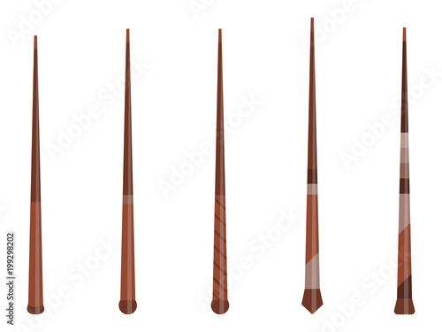 Magic wands set. Wizard tool. Wooden stick collection. Isolated on white background. Vector illustration