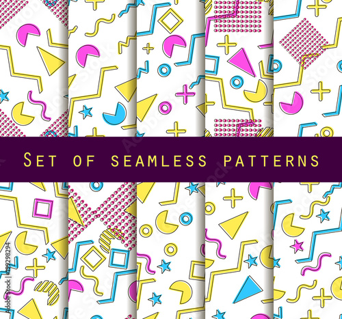 Memphis seamless pattern set. Geometric elements memphis in the style of 80's. Vector illustration
