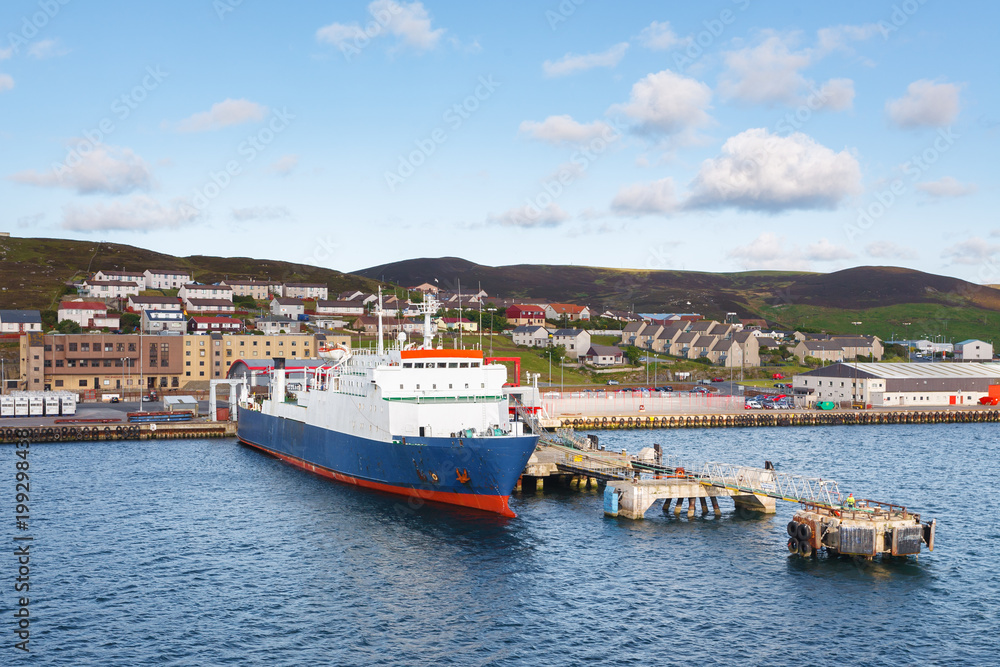 Ship transport docking in pier in Lerwick town, Shetland