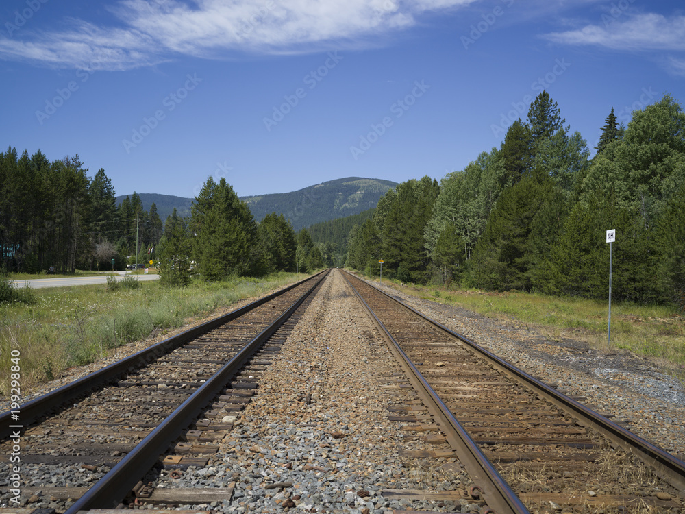 Railroad track passing through field, Cranbrook, British Columbia, Canada
