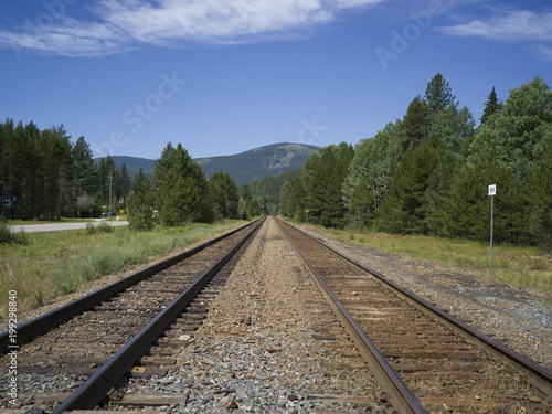 Railroad track passing through field, Cranbrook, British Columbia, Canada