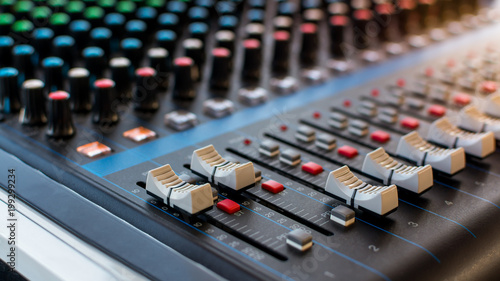 Sound mixer controller  closeup view and selective focus.