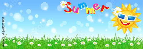 Funny sun with sunglasses and meadow flowers