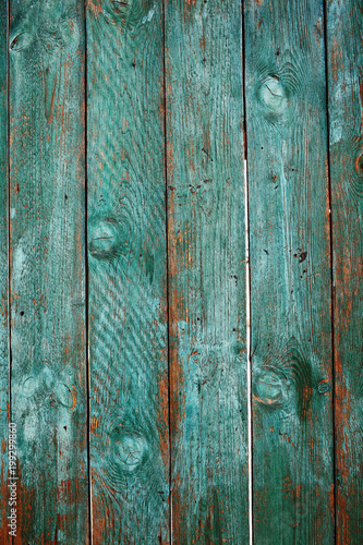 Old close boarded fence painted with sun-faded green color, textured background with space for your text