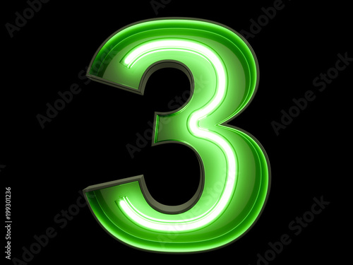 Neon green light digit alphabet character 3 three font
