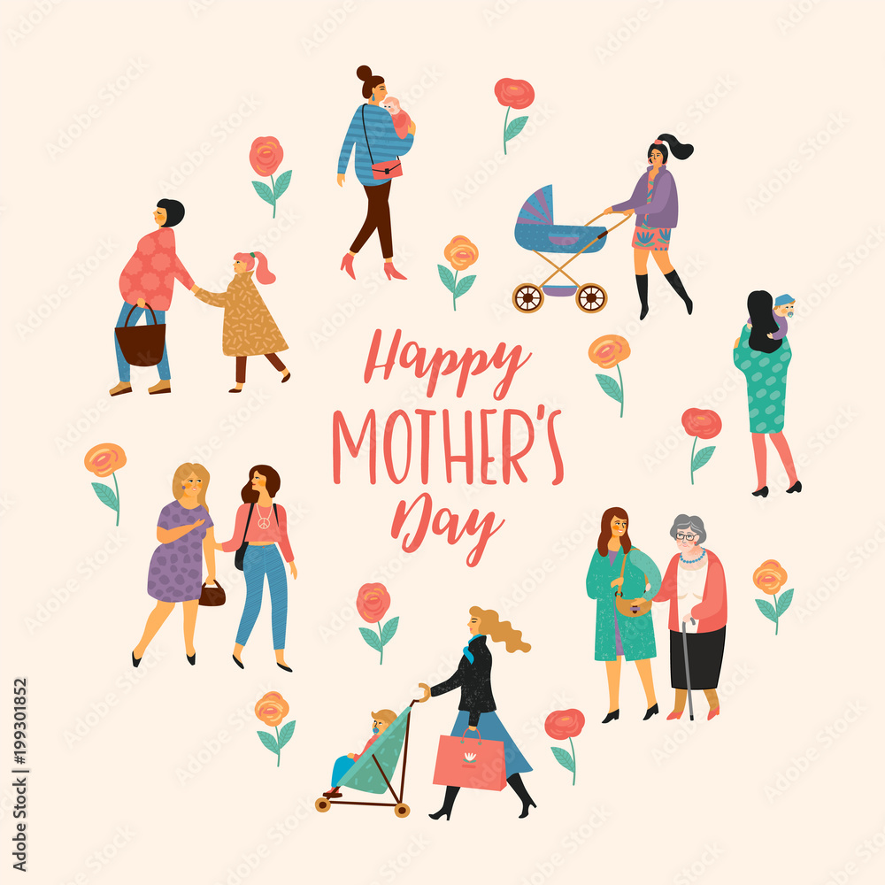 Happy Mothers Day. Vector illustration with women and children. Happy Mothers Day. Vector illustration with women and children.