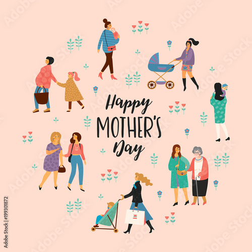 Happy Mothers Day. Vector illustration with women and children.