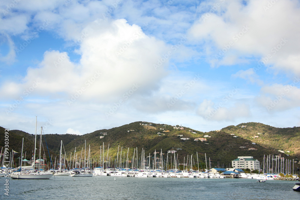 Obraz premium View towards the town, marina & landscape of Roadtown, Tortola, British Virgin Islands, Caribbean.