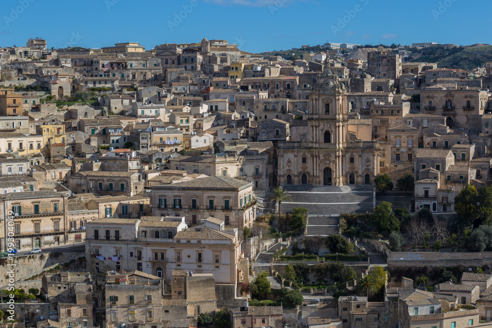 View of Modica and the San Giorgio cathedral, Sicily,  Italy