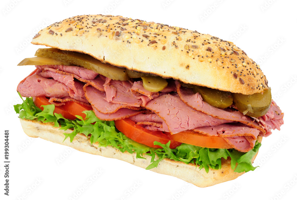 Beef pastrami and salad sandwich isolated on a white background Beef pastrami and salad sandwich isolated on a white background