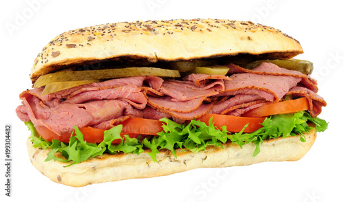 Beef pastrami and salad sandwich isolated on a white background