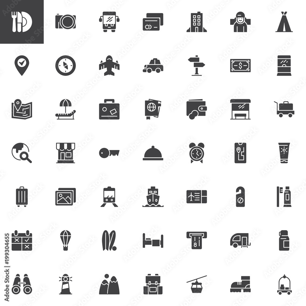 Travel vector icons set, modern solid symbol collection, filled style pictogram pack. Signs, logo illustration. Set includes icons as Restaurant, Camera, Credit card, Hotel, Compass, Plane, Passport Travel vector icons set, modern solid symbol collection, filled style pictogram pack. Signs, logo illustration. Set includes icons as Restaurant, Camera, Credit card, Hotel, Compass, Plane, Passport