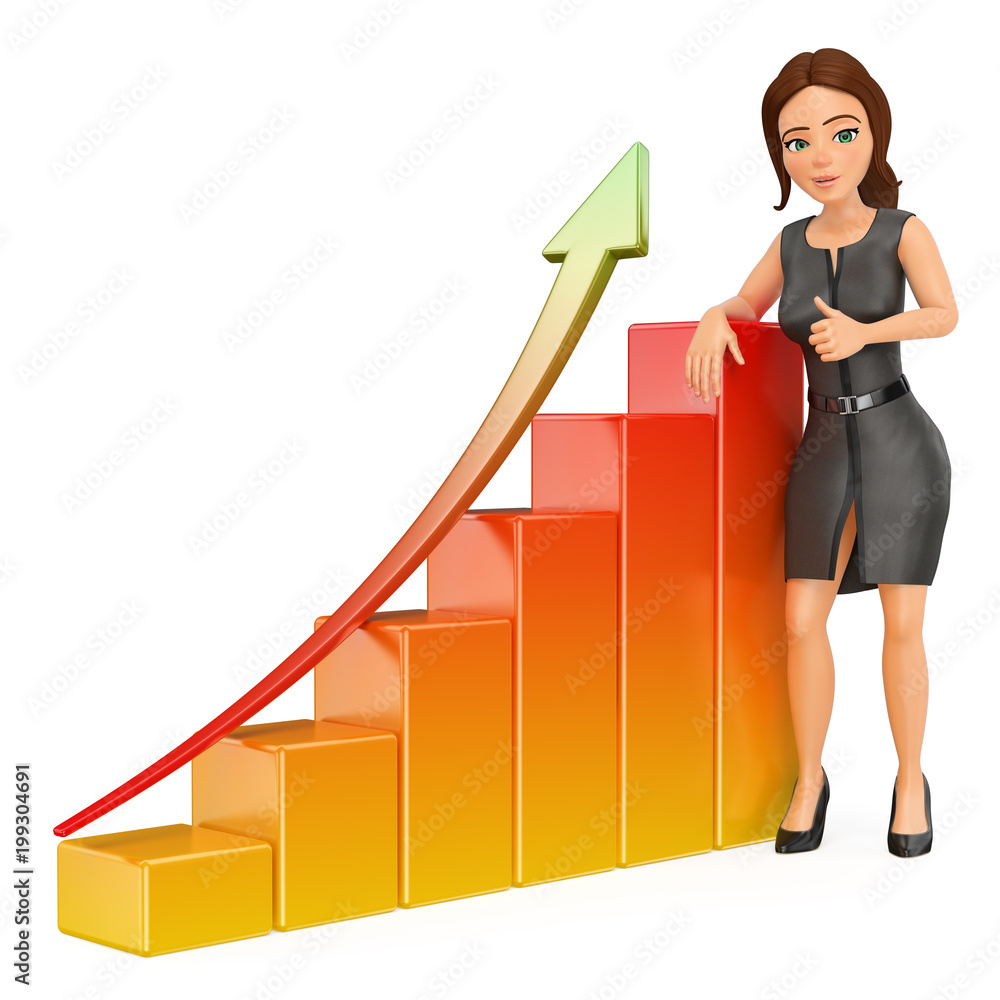 3D Business woman leaning on a bar graph. Economy 3D Business woman leaning on a bar graph. Economy