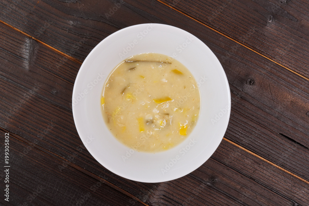 Yeasts soup with vegetables on a table Yeasts soup with vegetables on a table